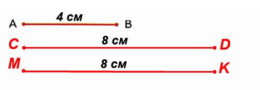 Измерь длину отрезка AB. Начерти ещё 2 отрезка: отрезок CD, который на 4 см длиннее отрезка AB, и отрезок MK, который в 2 раза длиннее отрезка AB.