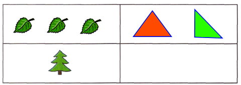 Нарисуй: в левом верхнем прямоугольнике три листочка; в правом верхнем – два треугольника; в левом нижнем прямоугольнике ёлочку.