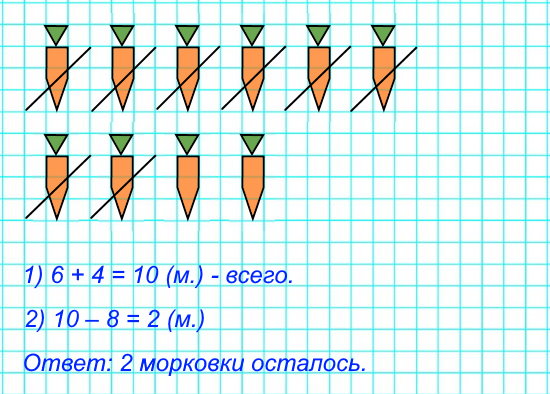 Саша принес 6 морковок, а Оля – 4. Они отдали кроликам 8 морковок. Сколько морковок осталось?
