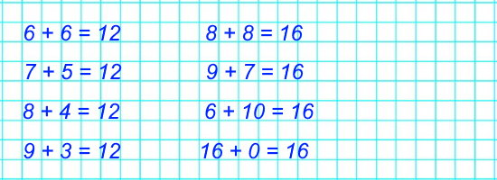 Составь и реши по четыре примера на сложение: с ответом 12, с ответом 16.