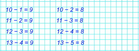 Составь и реши по четыре примера на вычитание: с ответом 9, с ответом 8.