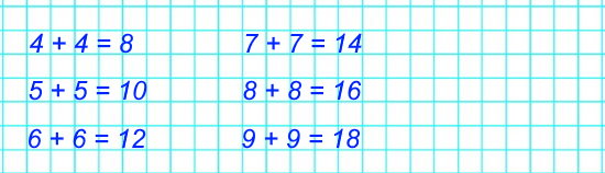 Замени суммой двух одинаковых слагаемых каждое число: 8, 10, 12, 14, 16, 18.