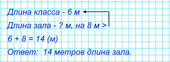 6. Длина класса 6 м, а длина зала на 8 м больше. Узнай длину зала.