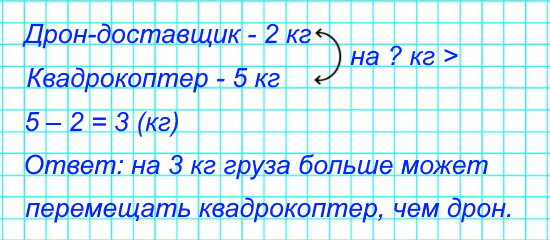 13. Дрон-доставщик за один рейс может перемещать груз в 2 кг, а квадрокоптер — в 5 кг. На сколько килограммов груза больше может перемещать квадрокоптер?