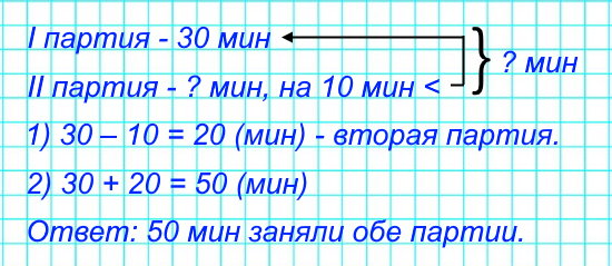 3. Мальчики играли в шахматы. Первая партия заняла у них 30 мин, а на вторую они затратили на 10 мин меньше. Сколько времени заняла вторая партия? Измени вопрос так, чтобы задачу нельзя было решить одним действием.