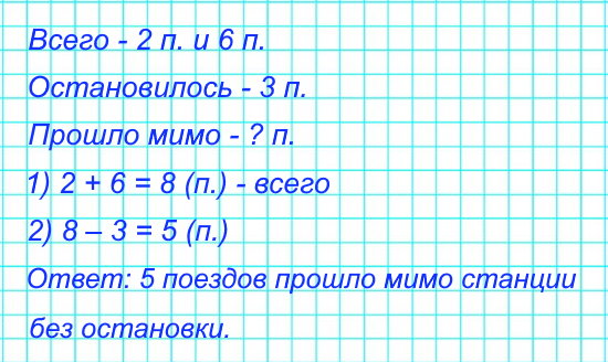 5. За день мимо станции прошло 2 скорых поезда и 6 товарных. Только 3 поезда на этой станции остановилось. Сколько поездов прошло мимо станции без остановки?