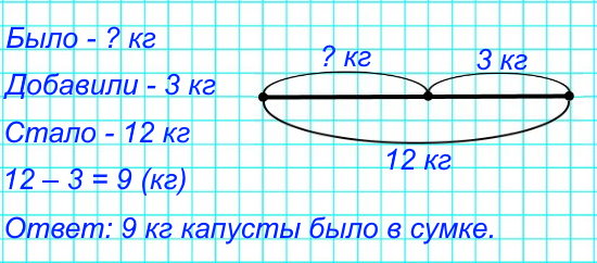 3. Когда в сумку с капустой добавили еще кочан массой 3 кг, в сумке стало 12 кг капусты. Сколько килограммов капусты было в сумке до того, как положили этот кочан?