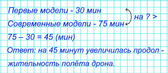 11. Первые модели полностью заряженного дрона могли находиться в воздухе 30 мин, а современный дрон может летать без подзарядки 75 мин. На сколько минут увеличилась продолжительность полёта дрона без подзарядки?