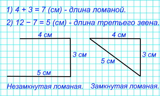 Начерти в тетради такую ломаную. Найди её длину. Начерти ещё одно звено для этой ломаной так, чтобы её длина стала равна 12 см. Попробуй выполнить задание двумя способами.