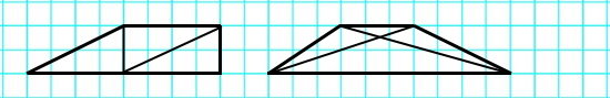 Начерти эти четырехугольники. Проведи в каждом 2 отрезка так, чтобы, разрезав по ним первый четырехугольник, можно было получить 3 одинаковых треугольника, а разрезав второй − 4 треугольника.