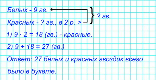 В букете было 9 белых гвоздик, а красных – в 2 раза больше. Сколько всего белых и красных гвоздик было в букете?