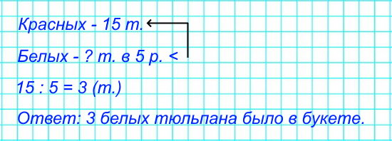 В букете было 15 красных тюльпанов, а белых – в 5 раз меньше. Сколько белых тюльпанов было в букете?