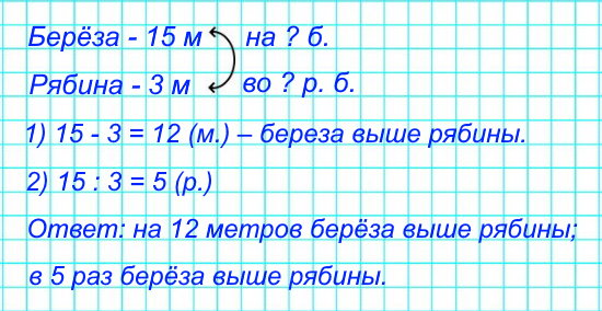 Высота берёзы 15 м, а рябины 3 м. На сколько метров берёза выше рябины? Во сколько раз берёза выше рябины?