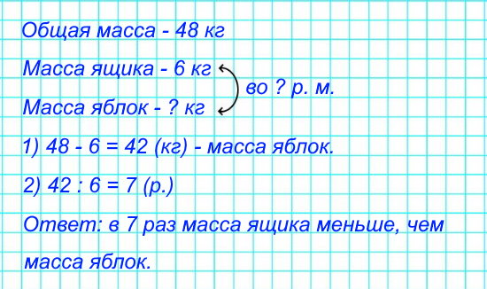 Масса яблок вместе с массой ящика составляет 48 кг. Масса ящика – 6 кг. Во сколько раз масса ящика меньше, чем масса яблок?