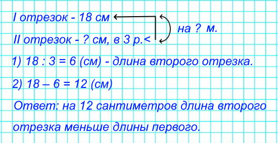 Длина первого отрезка 18 см, а длина второго в 3 раза меньше. На сколько сантиметров длина второго отрезка меньше длины первого?