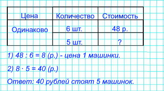 6 одинаковых игрушечных машинок стоят 48 р. Сколько рублей стоят 5 таких машинок?
