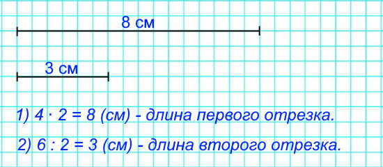 Рассмотри чертёж и начерти два отрезка так, чтобы длина одного была в 2 раза больше длины отрезка АВ, а длина другого – в 2 раза меньше длины отрезка CD.