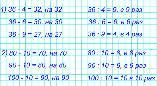 1) На сколько 36 больше, чем 4; 6; 9? Во сколько раз 36 больше, чем 4; 6; 9? 2) На сколько 10 меньше, чем 80; 90; 100? Во сколько раз 10 меньше, чем 80; 90; 100?