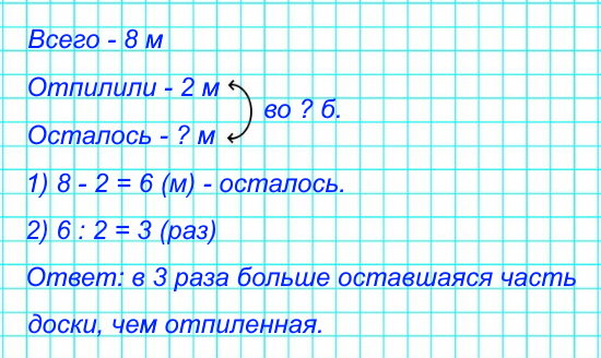 От доски длинной 8 м отпилили часть диной 2 м. Во сколько раз больше оставшаяся часть доски, чем отпиленная?