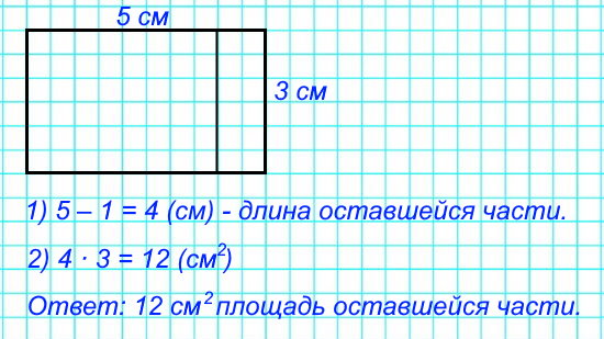 Сделай чертёж к задаче и реши её. От прямоугольника, длины сторон которого 5 см и 3 см, отрезали полоску со сторонами 3 см и 1 см. Найди площадь оставшейся части.