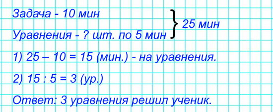 На решение задачи и уравнений ученик затратил 25 мин. Сколько уравнений он решил, если на решение задачи он затратил 10 мин, а на решение каждого уравнения – по 5 мин?