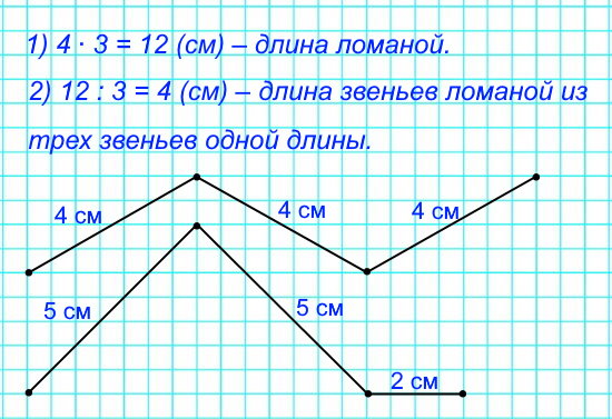 1) Ломаная состоит из четырех одинаковых звеньев, длиной 3 см каждое. Найди длину этой ломаной. 2) Начерти ломаную такой же длины, но состоящую из трех звеньев одной длины; разной длины.