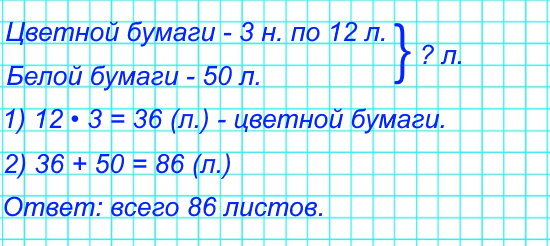 Для изготовления оригами купили 3 набора цветной бумаги, по 12 листов в каждом, и 50 листов белой бумаги. Сколько всего листов бумаги купили?