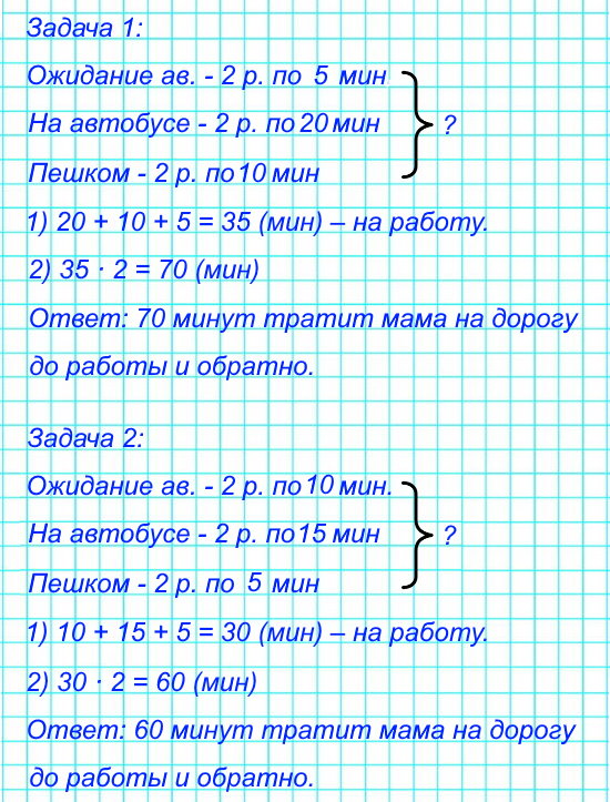 От дома до работы маме нужно ехать 20 мин на автобусе и еще 10 мин идти пешком. Сколько времени у нее уходит на дорогу от дома до работы и обратно, если автобус она ждёт 5 мин?