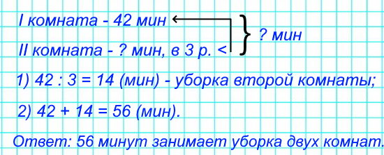 Небольшая фирма занимает две комнаты. На уборку одной комнаты робот-пылесос затрачивает 42 мин, а на уборку второй – в 3 раза меньше. Сколько минут робот-пылесос затрачивает на уборку двух комнат?