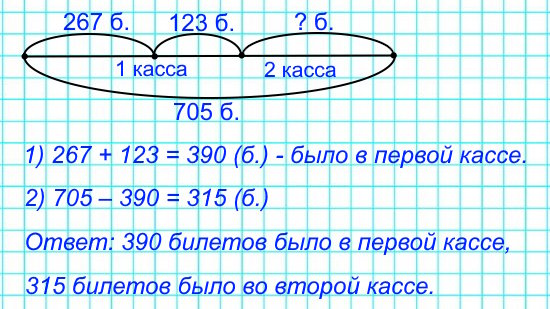 В двух театральных кассах было 705 билетов. Когда из первой кассы продали 267 билетов, в ней осталось 123 билета. Сколько билетов было в каждой кассе сначала?