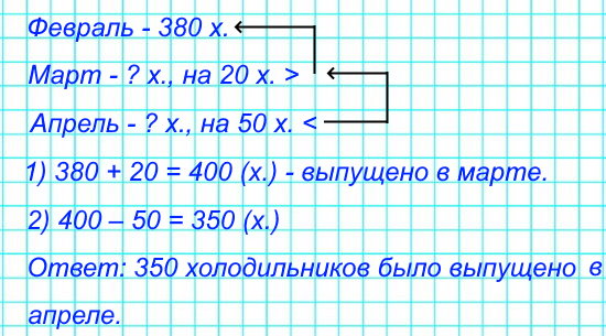 В феврале завод выпустил 380 холодильников, в марте – на 20 холодильников больше, чем в феврале, а в апреле – на 50 холодильников меньше, чем в марте. Сколько холодильников было выпущено в апреле?