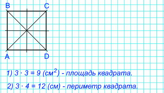 Начерти квадрат со стороной 3 см. Найди его площадь и периметр. Начерти в нём 4 оси симметрии.