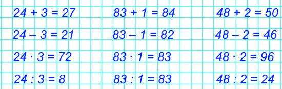 Найди сумму, разность, произведение и частное чисел: 24 и 3; 83 и 1; 48 и 2.